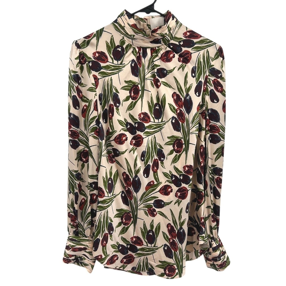 Cinq a Sept Silk Floral Blouse M/L Mock Neck Draped Luxury Parisian Romantic
